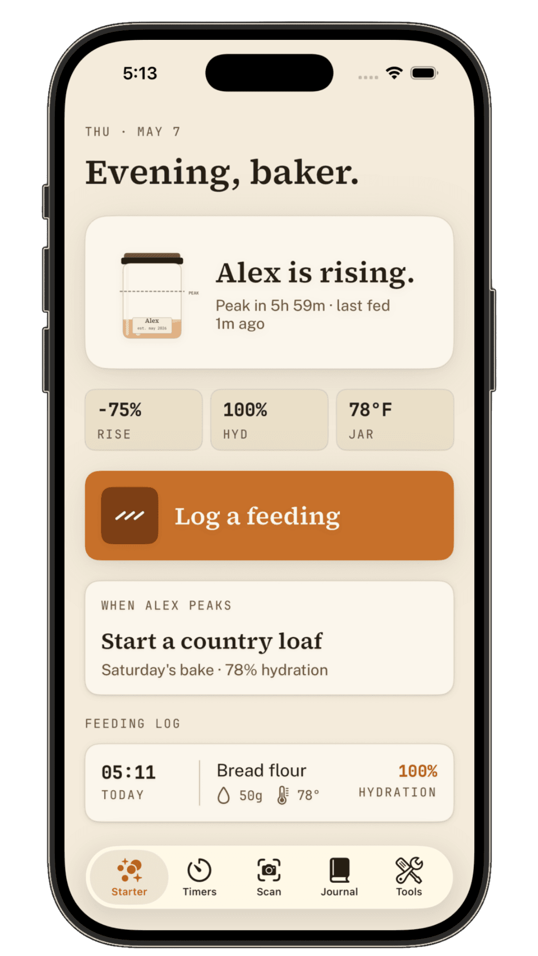 Knead Feed iOS app — Starter tab showing the Alex starter rising, peak countdown, rise and hydration metrics, and a Log a feeding action.