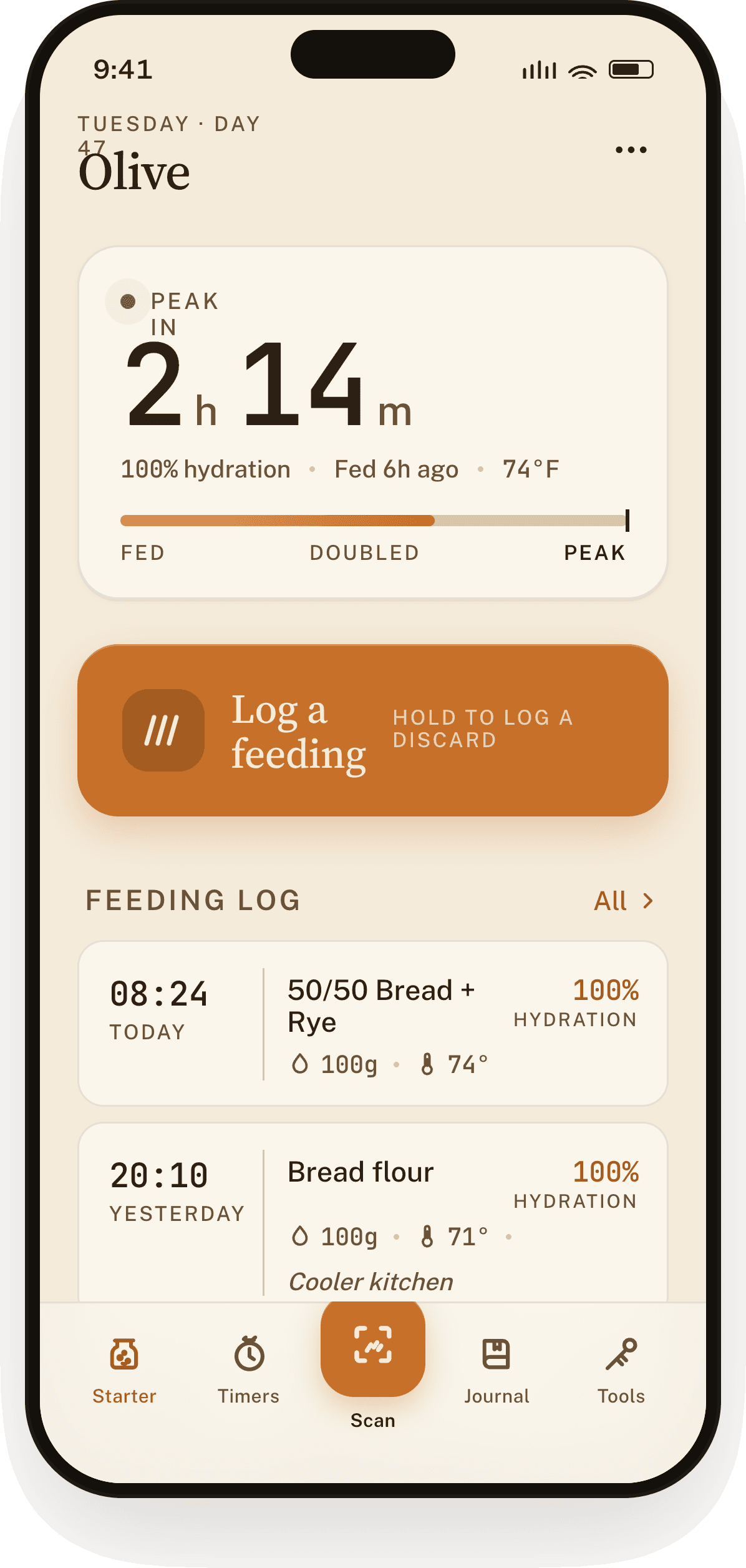 Knead Feed iOS app showing a sourdough starter feeding log, hydration ratios, and a bake timer.